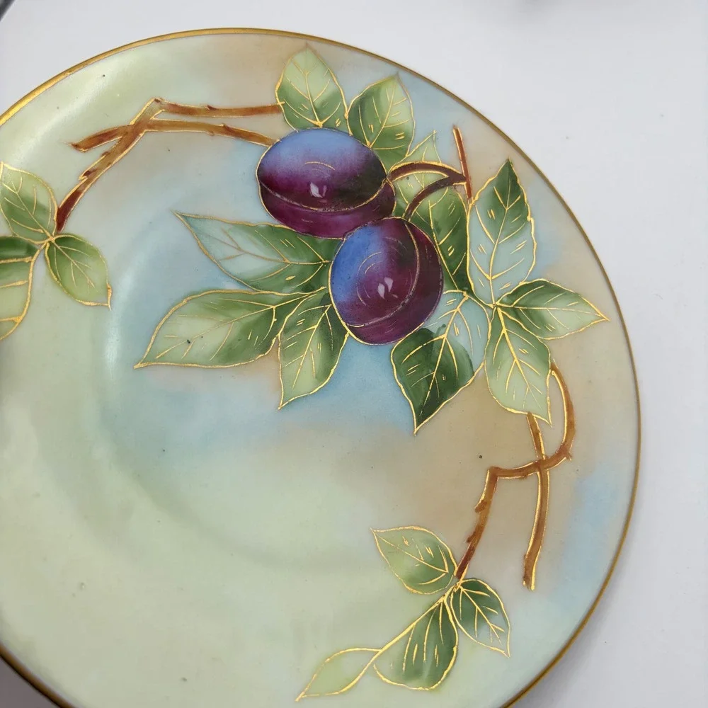 Vintage Hand Painted Plum Fruit Gold Trim Decorative Bread Plate 7
